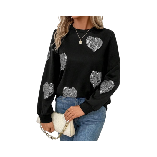 🖤 Sudadera de Cuello Redondo con Diseño de Corazón y Decoración de Strass