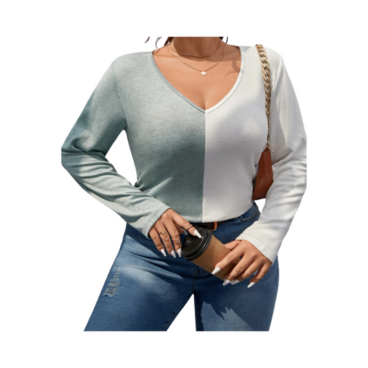 Camiseta Bicolor de Cuello en V Tallas Grandes