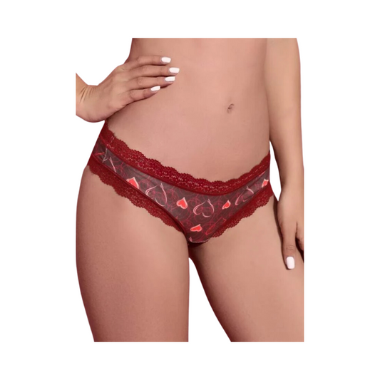 Tanga Burdeos Transparente con Encaje Contraste