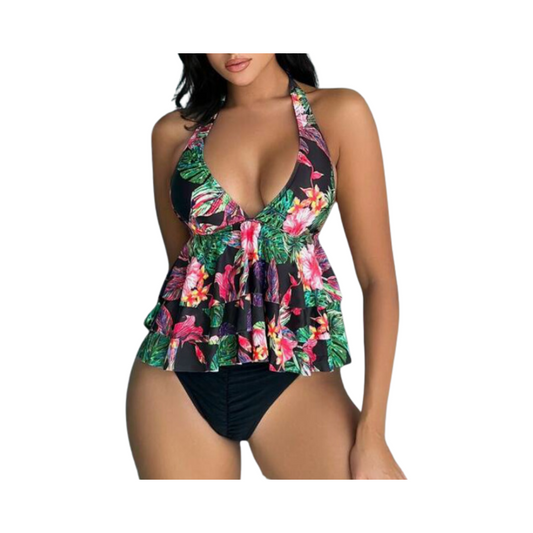 Bikini Halter con Estampado Tropical y Volantes ✨
