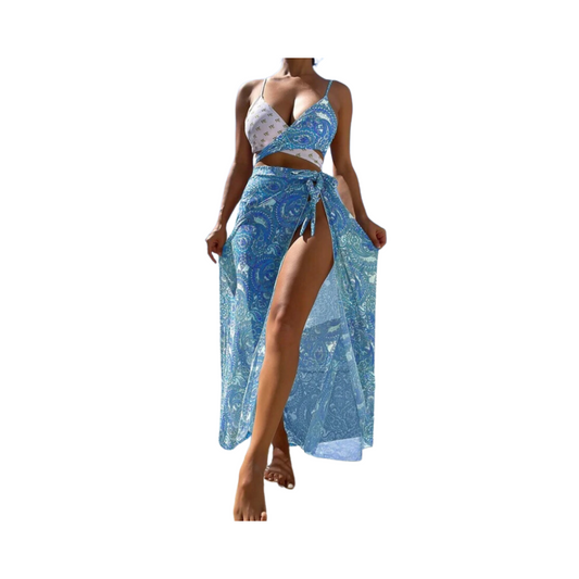 Conjunto de Bikini con Pareo Estampado Paisley - Azul