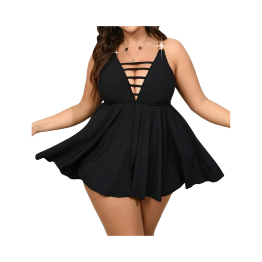 Traje de Baño Plus Size con Falda y Detalle de Abertura - Negro