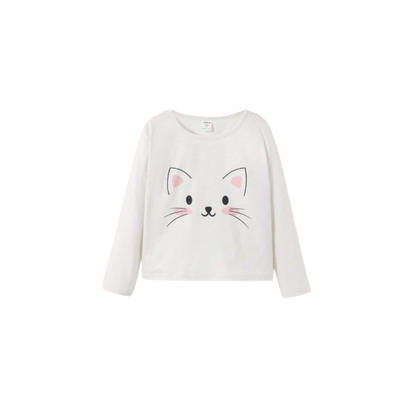 🐱 Polera Manga Larga Estampado Gatito - Blanco