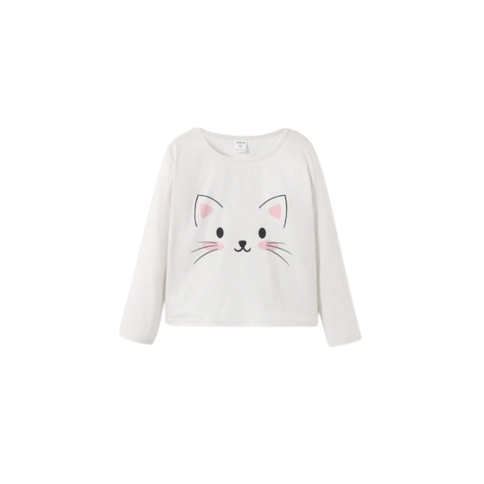 🐱 Polera Manga Larga Estampado Gatito - Blanco