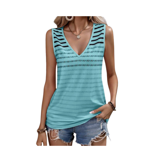 Blusa Sin Mangas Celeste con Rayas y Escote en V 💙✨