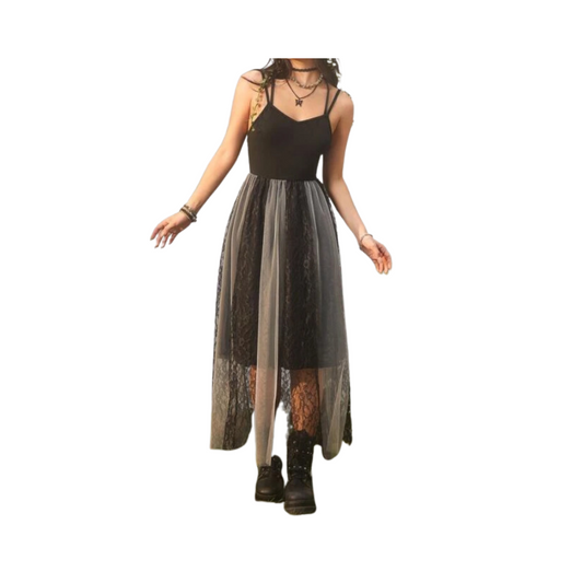 Vestido Largo con Encaje y Apliques de Mariposa - Negro