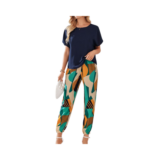 🌿 Conjunto Casual Mujer – Blusa Lisa + Pantalón Estampado Geométrico