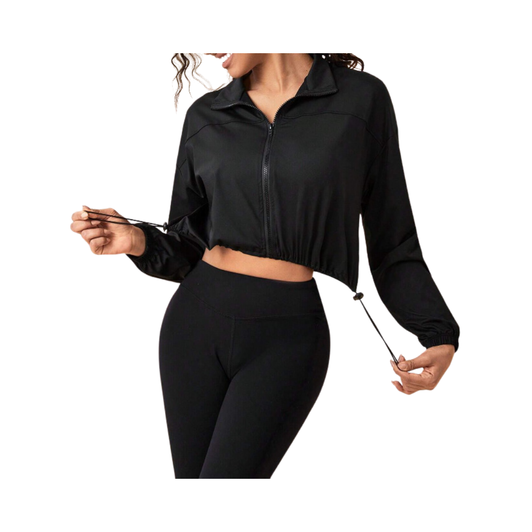 🖤 Cortaviento Deportivo Mujer – Crop con Cordón Ajustable y Cremallera
