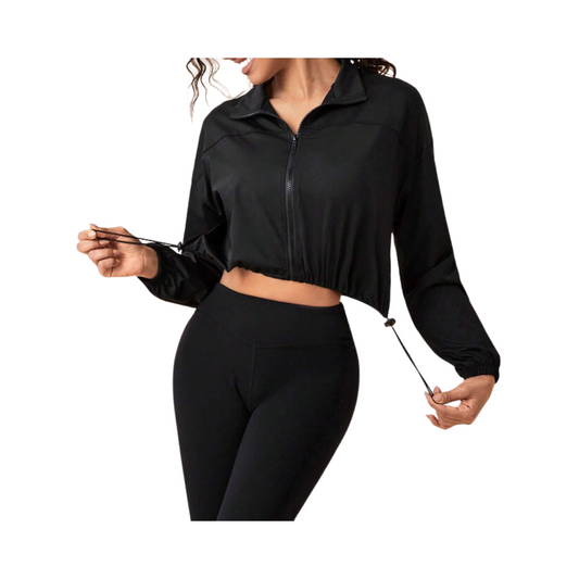 🖤 Cortaviento Deportivo Mujer – Crop con Cordón Ajustable y Cremallera