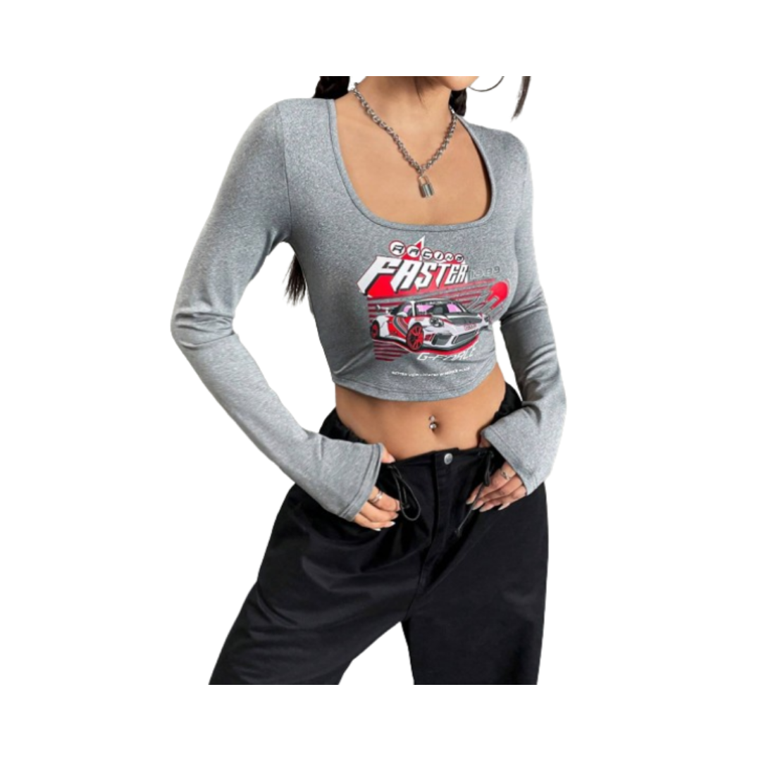 🚗 Camiseta Crop con Estampado de Coche y Slogan