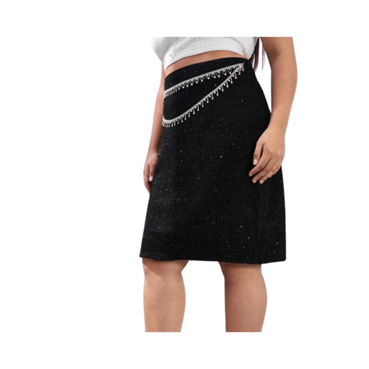 Falda Negra Recta con Detalles de Diamantes de Imitación