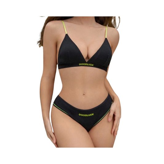 Conjunto de Lencería en Negro con Detalles en Verde – Comodidad y Estilo 🖤✨