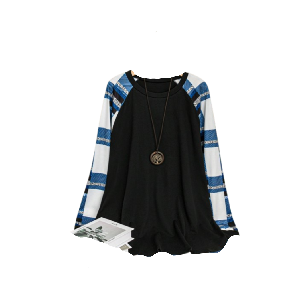 💙 Camiseta de Manga Larga con Cuello Redondo y Estampado de Cuadros