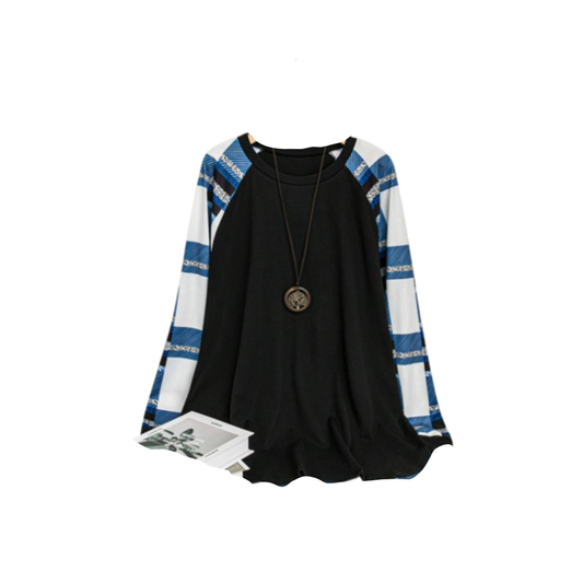 💙 Camiseta de Manga Larga con Cuello Redondo y Estampado de Cuadros