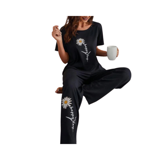 Pijama Negro con Estampado de Margarita y Letras ✨