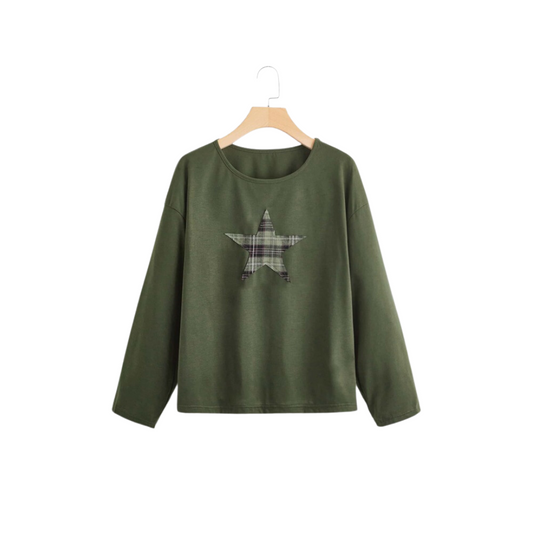 Sudadera con Estampado Geométrico y A Cuadros - Verde Militar