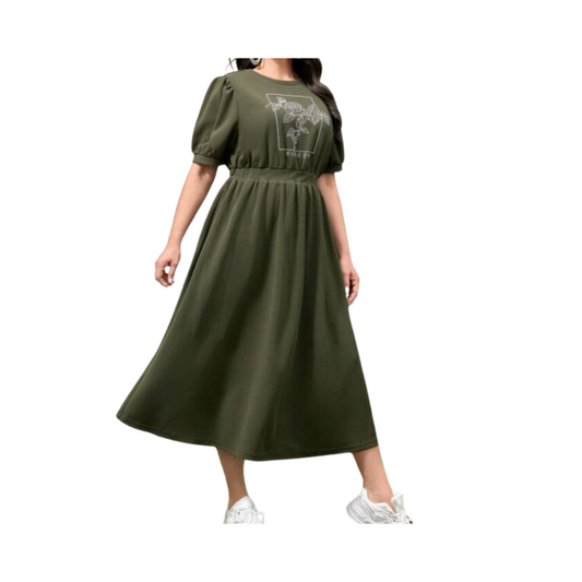 Vestido Midi Casual con Estampado Floral - Verde Militar