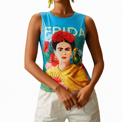 💙 Camiseta Sin Mangas Ajustada con Impresión de Personaje y Estilo Tropical