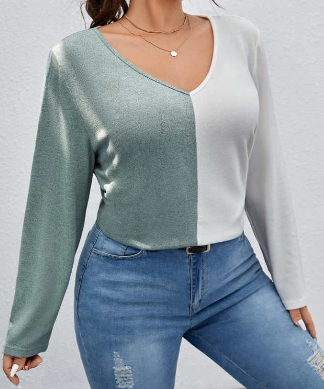 Camiseta Bicolor de Cuello en V Tallas Grandes