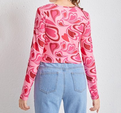 Top de Manga Larga con Estampado de Corazones