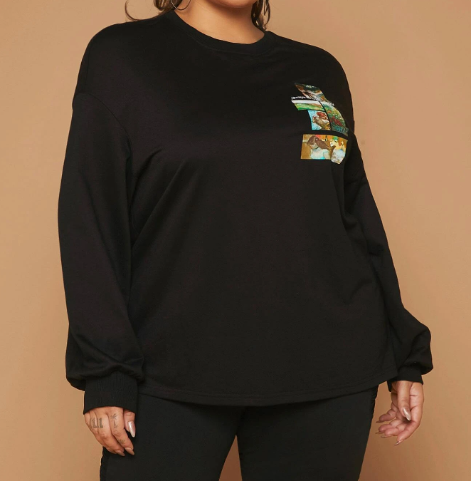 Sudadera Negra Casual con Estampado de Dibujos Animados y Letras