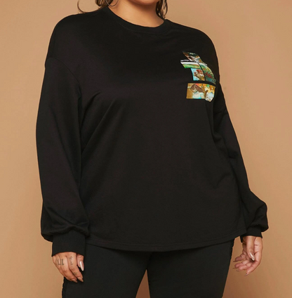 Sudadera Negra Casual con Estampado de Dibujos Animados y Letras