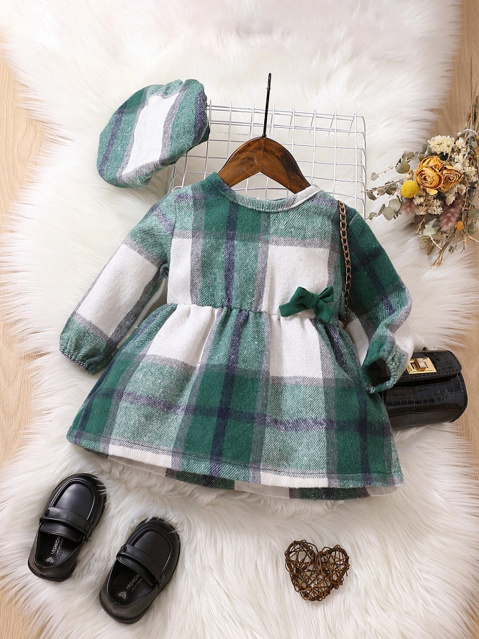 Vestido a Cuadros con Lazo para Chicas - Verde