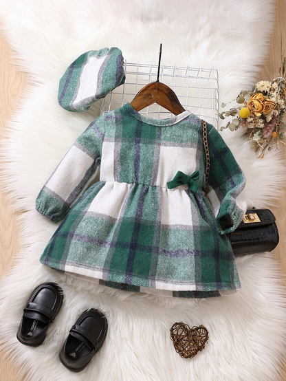 Vestido a Cuadros con Lazo para Chicas - Verde