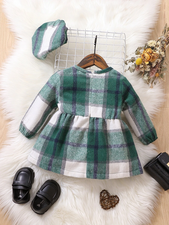 Vestido a Cuadros con Lazo para Chicas - Verde