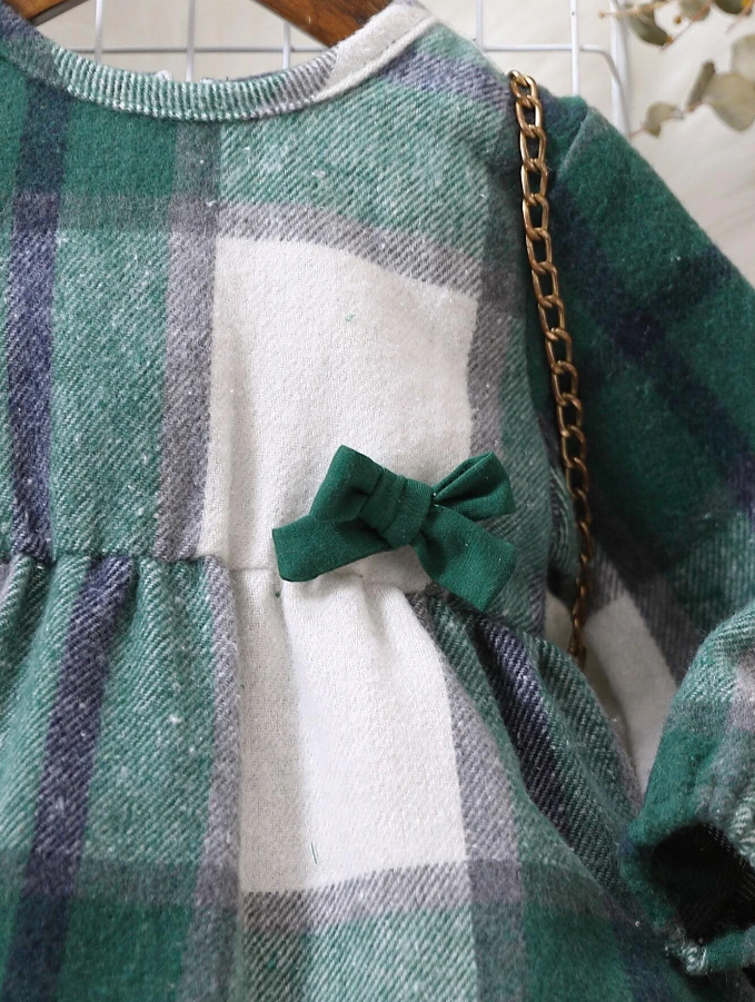 Vestido a Cuadros con Lazo para Chicas - Verde