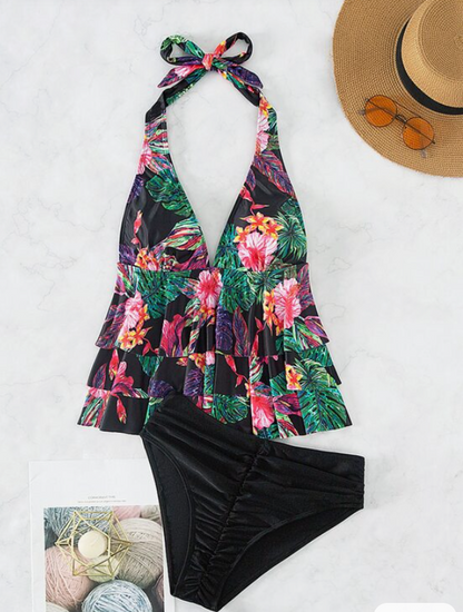 Bikini Halter con Estampado Tropical y Volantes ✨
