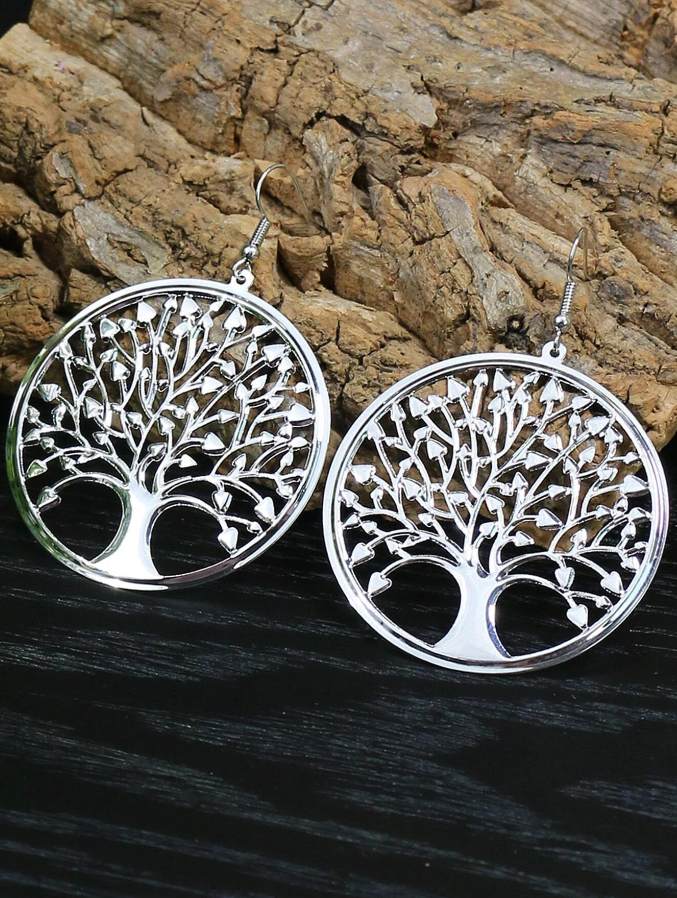 Pendientes Plateados con Diseño de Árbol de la Vida