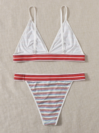 Conjunto de Lencería Multicolor a Rayas con Tanga en V