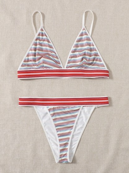 Conjunto de Lencería Multicolor a Rayas con Tanga en V
