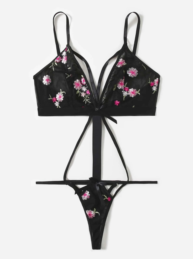 Body Transparente Negro con Bordado Floral