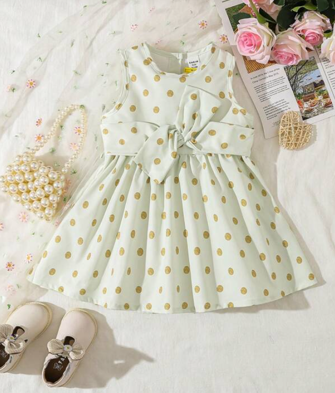 Vestido A-Line de Lunares con Cinturón para Niñas