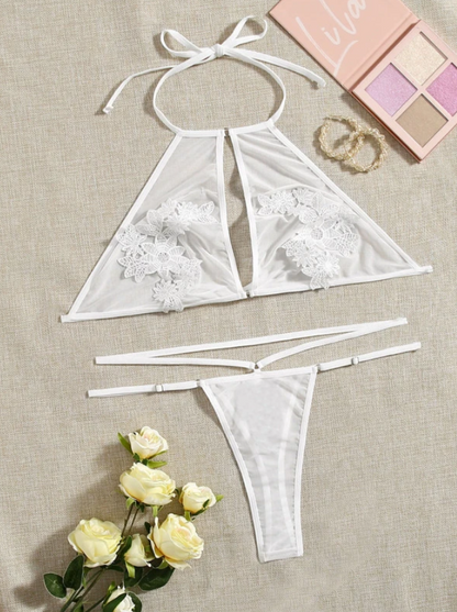 Conjunto Sexy Blanco con Apliques Florales - Transparente