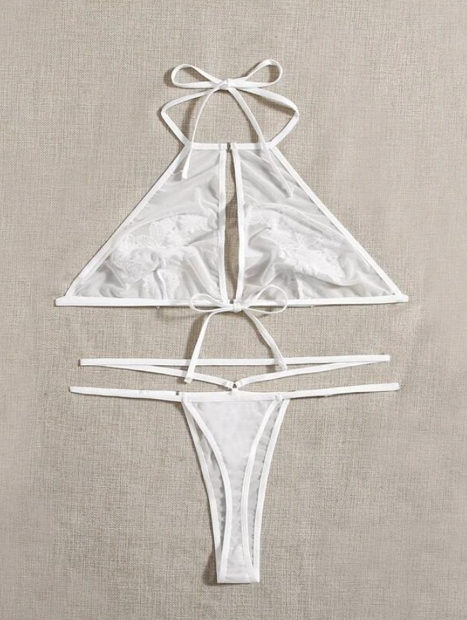 Conjunto Sexy Blanco con Apliques Florales - Transparente