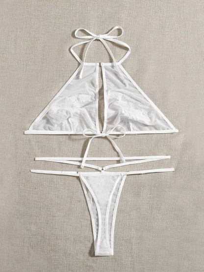 Conjunto Sexy Blanco con Apliques Florales - Transparente