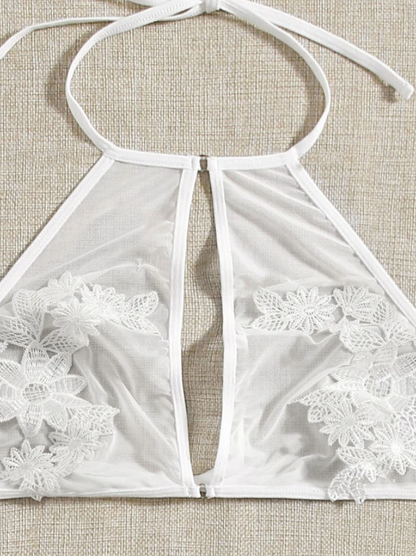 Conjunto Sexy Blanco con Apliques Florales - Transparente