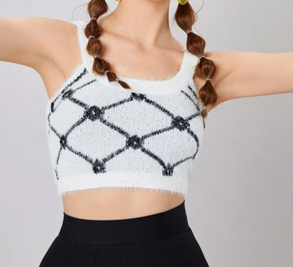 Crop Top Blanco de Estilo Casual con Estampado Geométrico