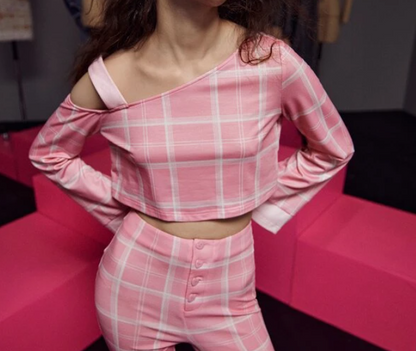 Camiseta Casual a Cuadros - Rosa y Blanco