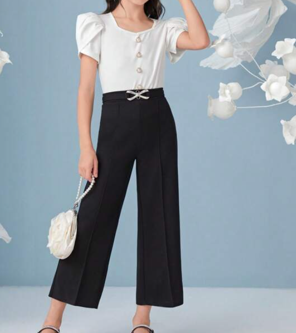 Pantalón de Pierna Ancha con Detalles Brillantes - Negro