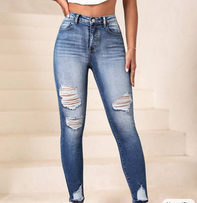 Jeans Ajustados Talle Alto Azul Lavado Medio