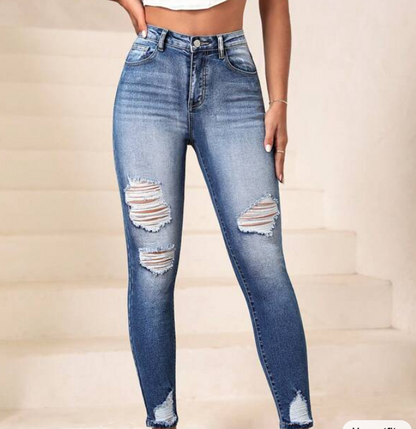 Jeans Ajustados Talle Alto Azul Lavado Medio