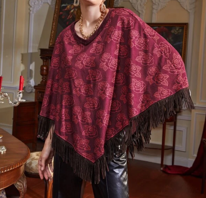 Poncho Floral con Flecos