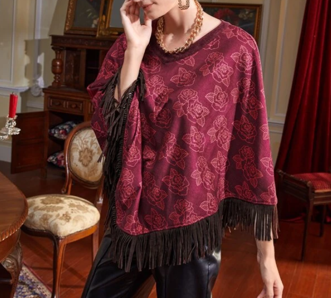 Poncho Floral con Flecos