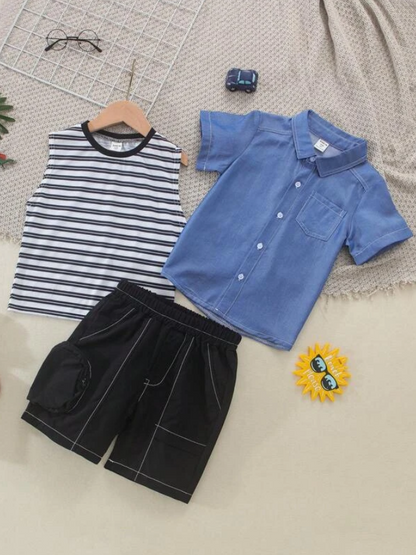 Conjunto Infantil de 3 Piezas - Camisa, Camiseta sin Mangas y Shorts