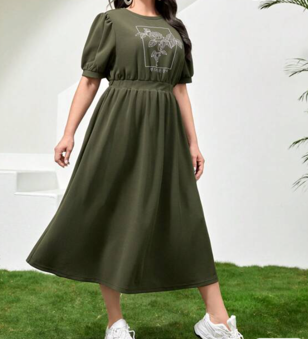 Vestido Midi Casual con Estampado Floral - Verde Militar