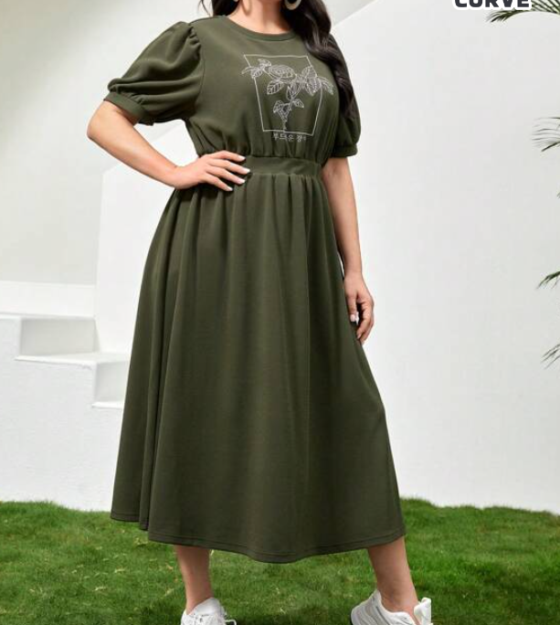 Vestido Midi Casual con Estampado Floral - Verde Militar